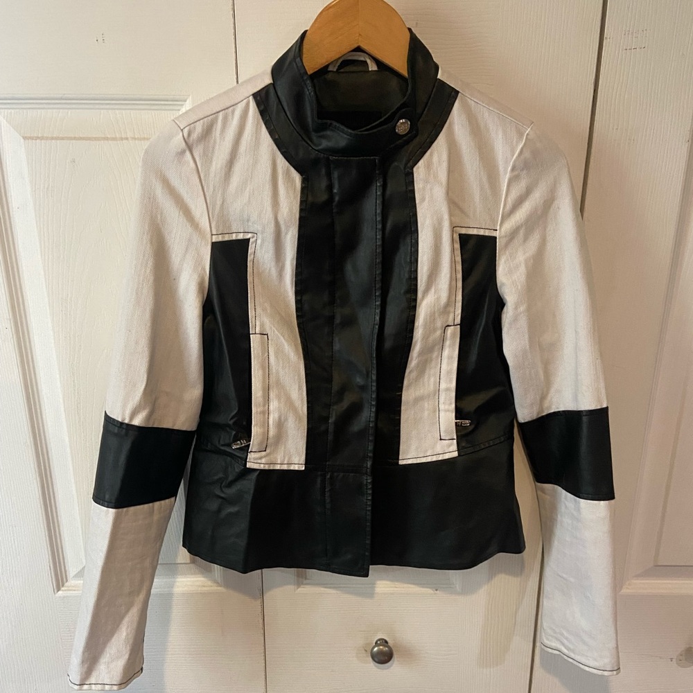 Steve Madden leatherette and white denim jacket